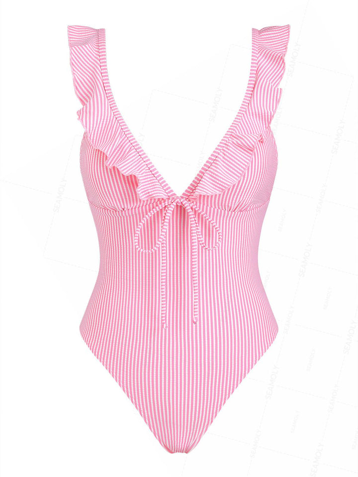 Seamolly Striped Ruffles Trim Tied Plunging Neck One-piece Swimsuit