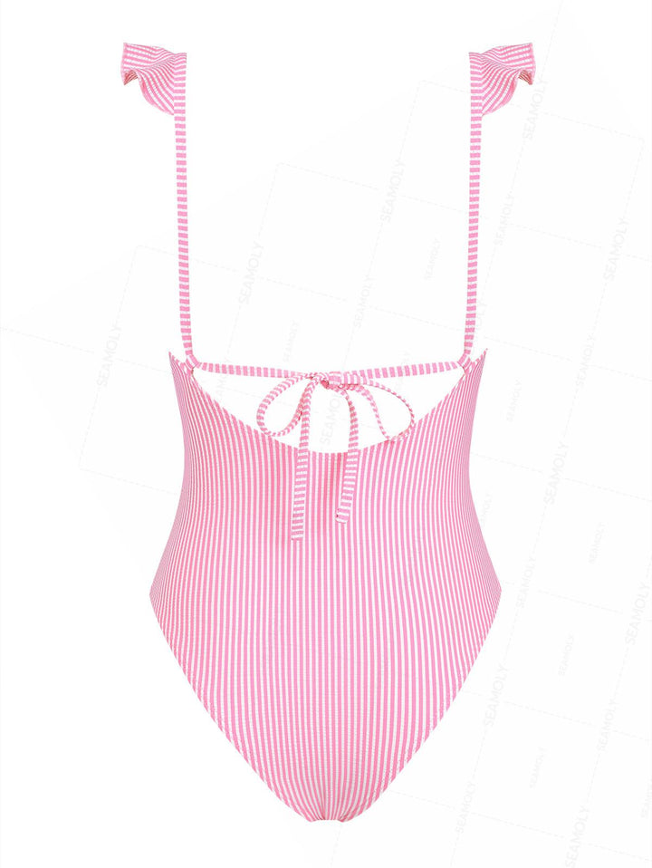 Seamolly Striped Ruffles Trim Tied Plunging Neck One-piece Swimsuit
