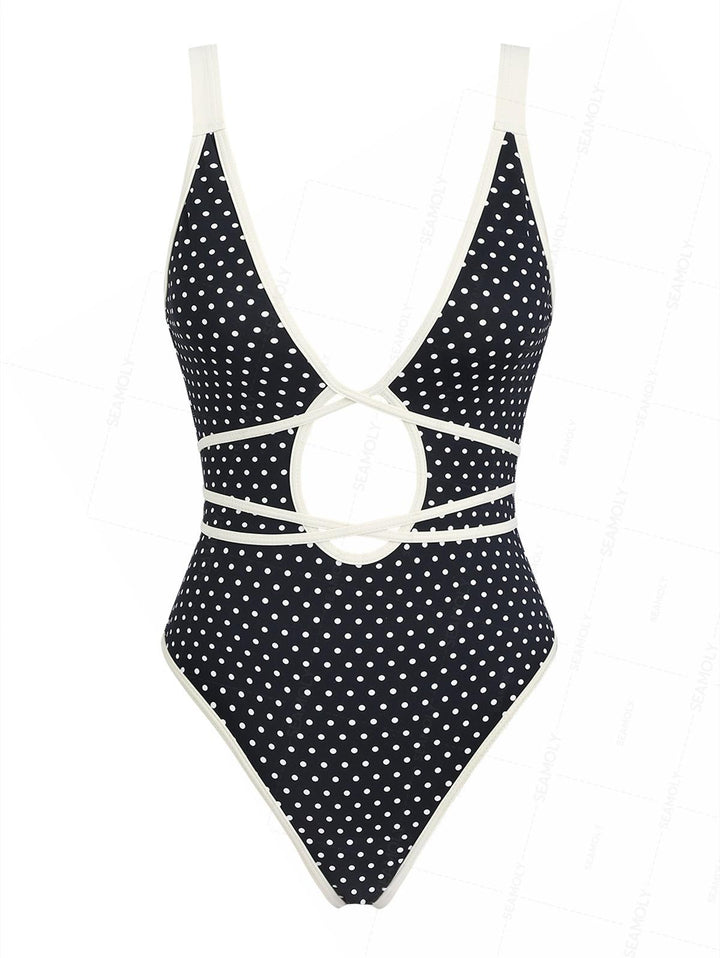 Seamolly 1950s Pin-Up Vintage Polka Dot Print Tie Around Criss Cross Plunging Neck One-piece Swimsuit