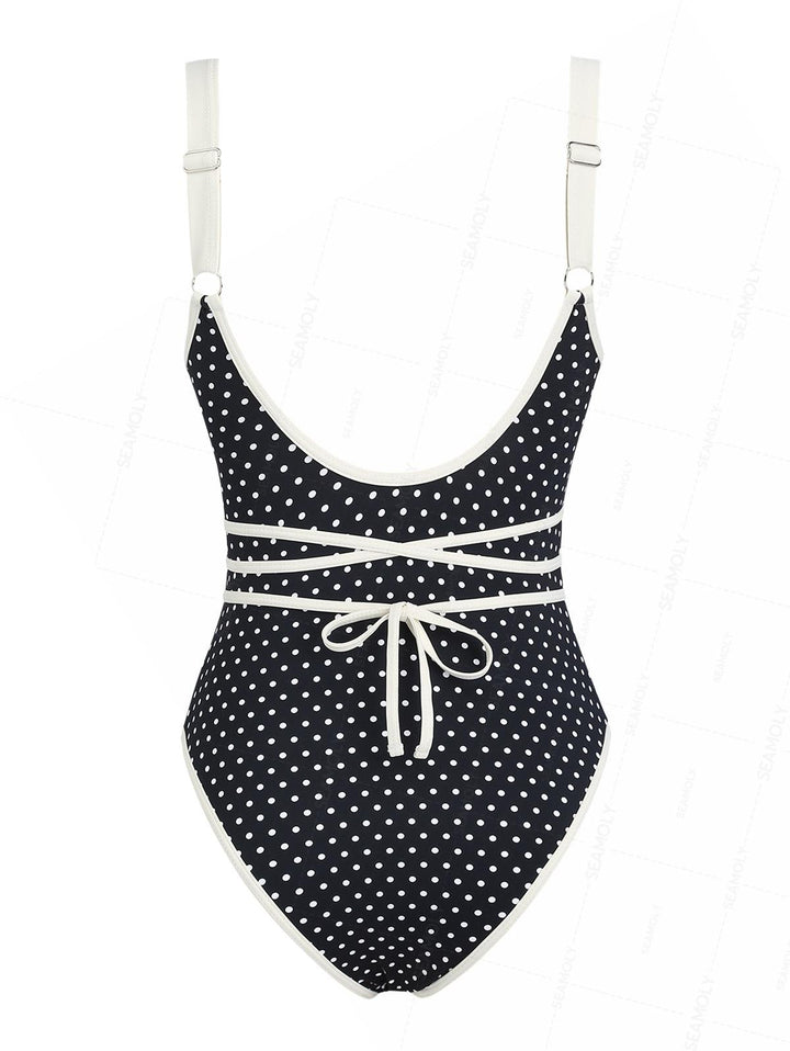 Seamolly 1950s Pin-Up Vintage Polka Dot Print Tie Around Criss Cross Plunging Neck One-piece Swimsuit