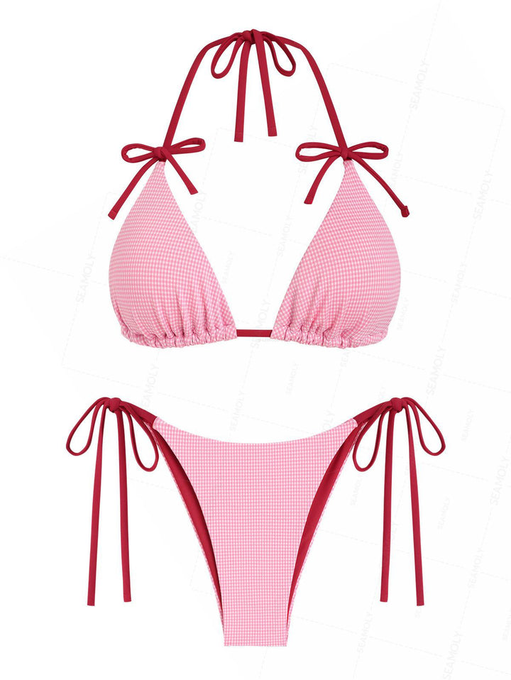 Seamolly Gingham Contrast Bowknot Halter Triangle Tie Side Bikini Set