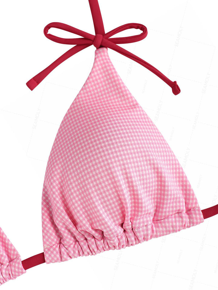 Seamolly Gingham Contrast Bowknot Halter Triangle Tie Side Bikini Set