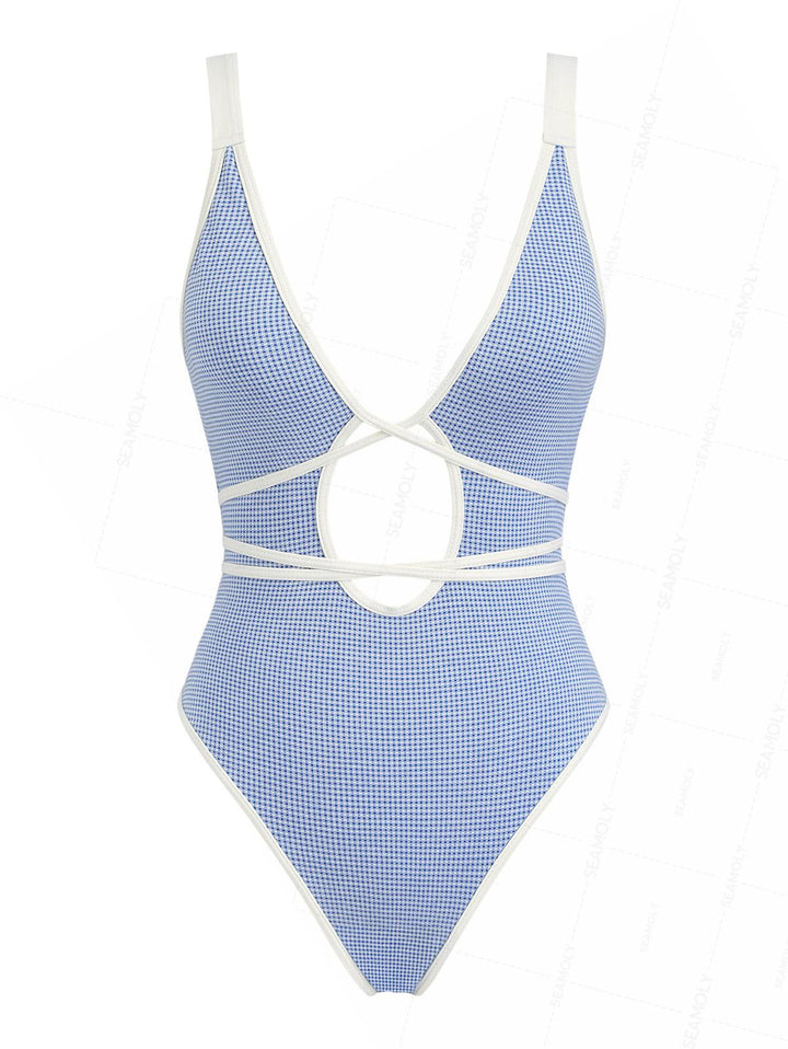 Seamolly Gingham Tie Around Criss Cross Plunging Neck One-piece Swimsuit