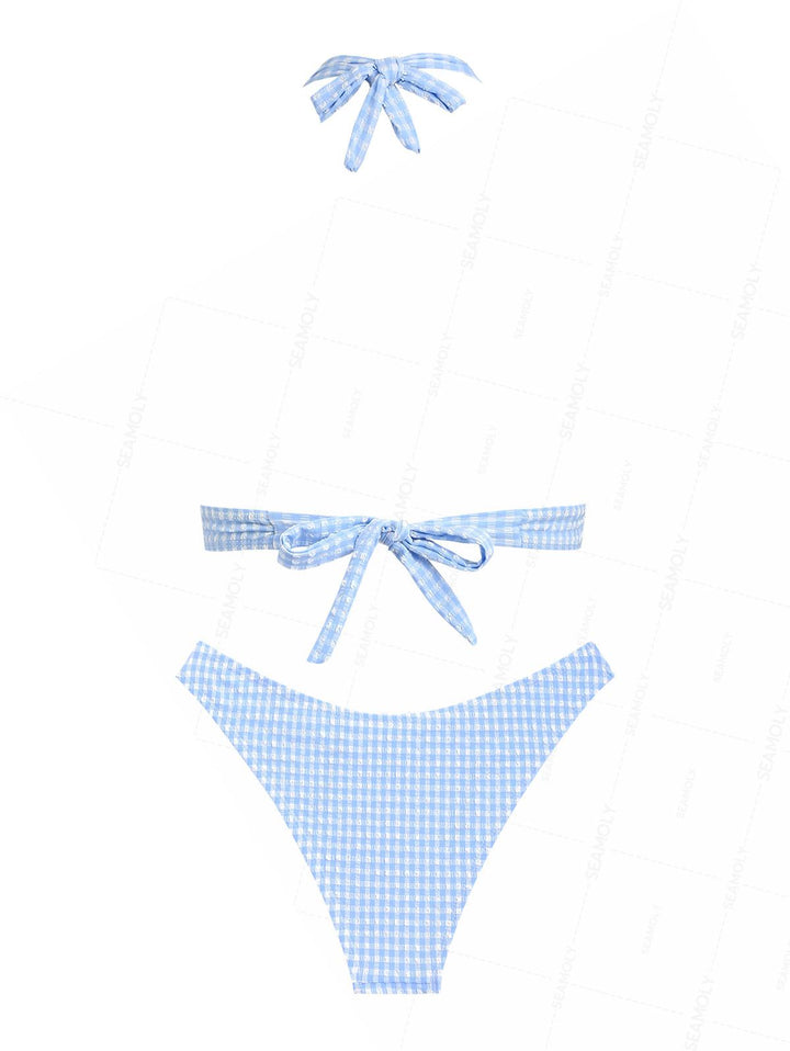 Seamolly Gingham Textured Bowknot Bikini Set