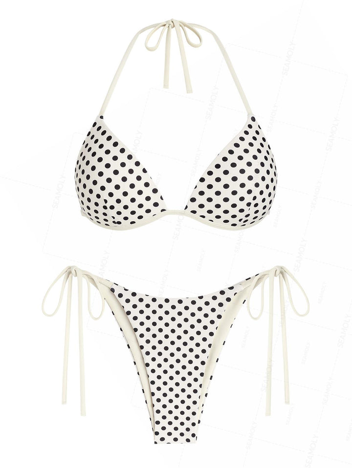 Seamolly Polka Dot Print Hard Cups Support Halter Triangle Bikini Set