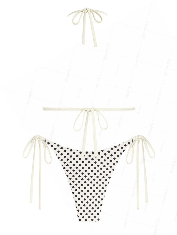 Seamolly Polka Dot Print Hard Cups Support Halter Triangle Bikini Set