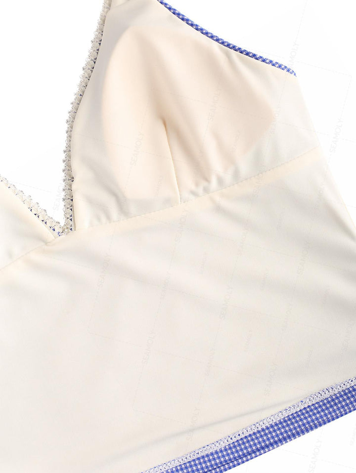 Seamolly Gingham Lace Bowknot Plunging Neck Halter Cinched Tied Side Tankini Set