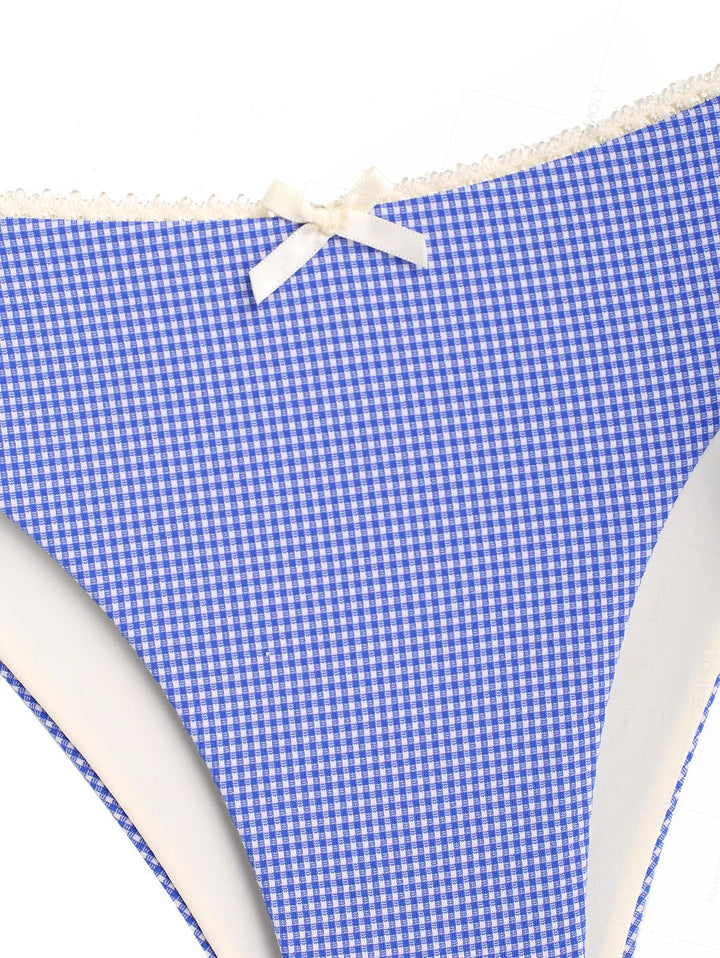 Seamolly Gingham Lace Bowknot Plunging Neck Halter Cinched Tied Side Tankini Set