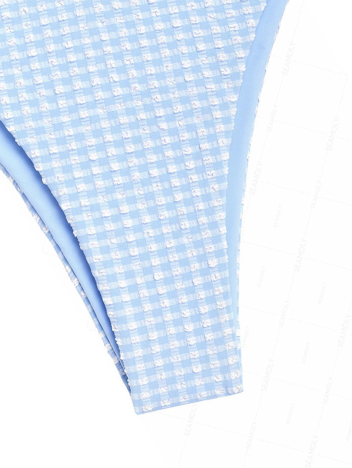 Seamolly Gingham Textured Bowknot Cinched  Underwire Bikini Set