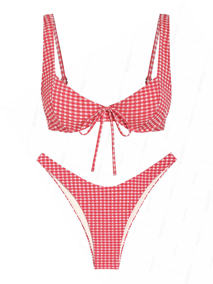 Seamolly Gingham Textured Bowknot Cinched Underwire Bikini Set