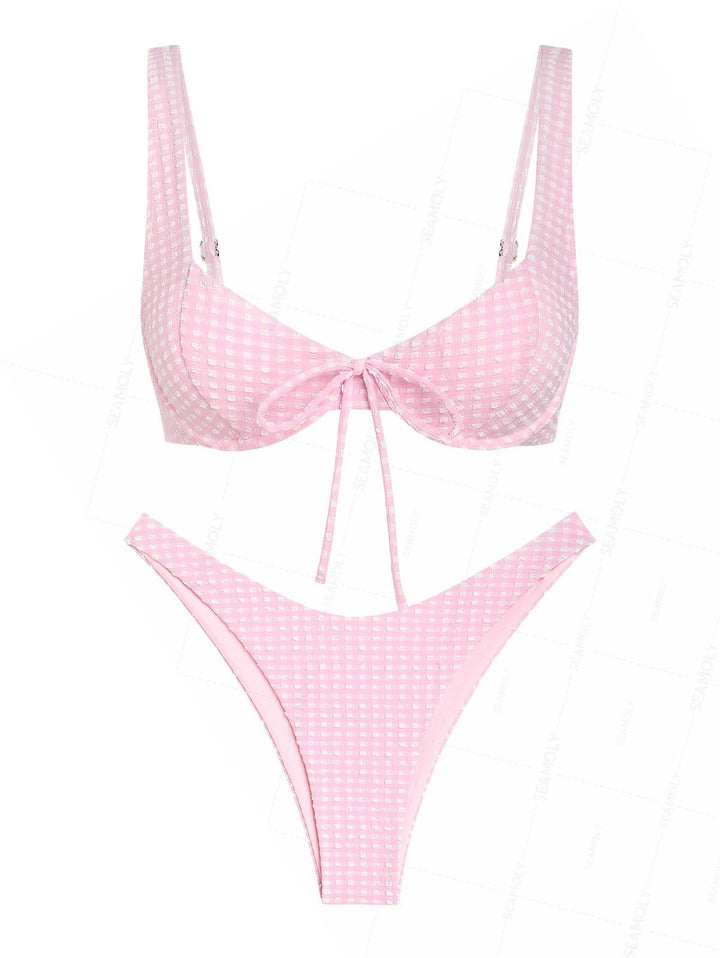 Seamolly Gingham Textured Bowknot Cinched Underwire Bikini Set