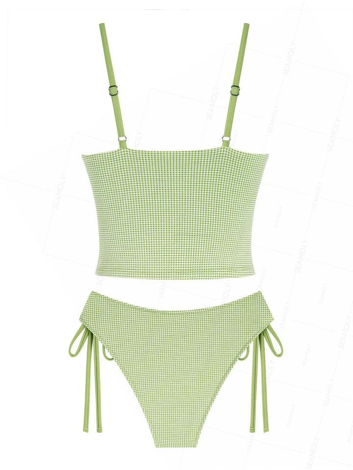 Seamolly Gingham Lace Bowknot Tie Side Tankini Set