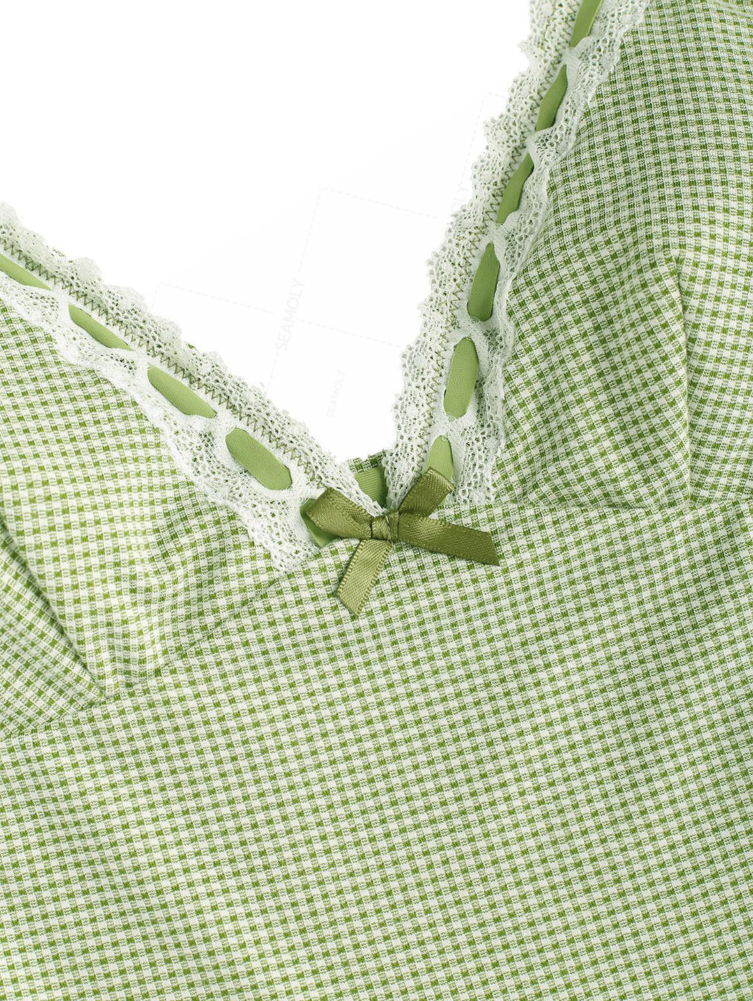 Seamolly Gingham Lace Bowknot Tie Side Tankini Set