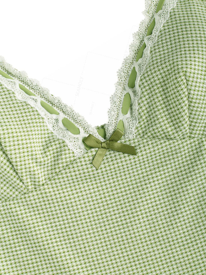 Seamolly Gingham Lace Bowknot Tie Side Tankini Set