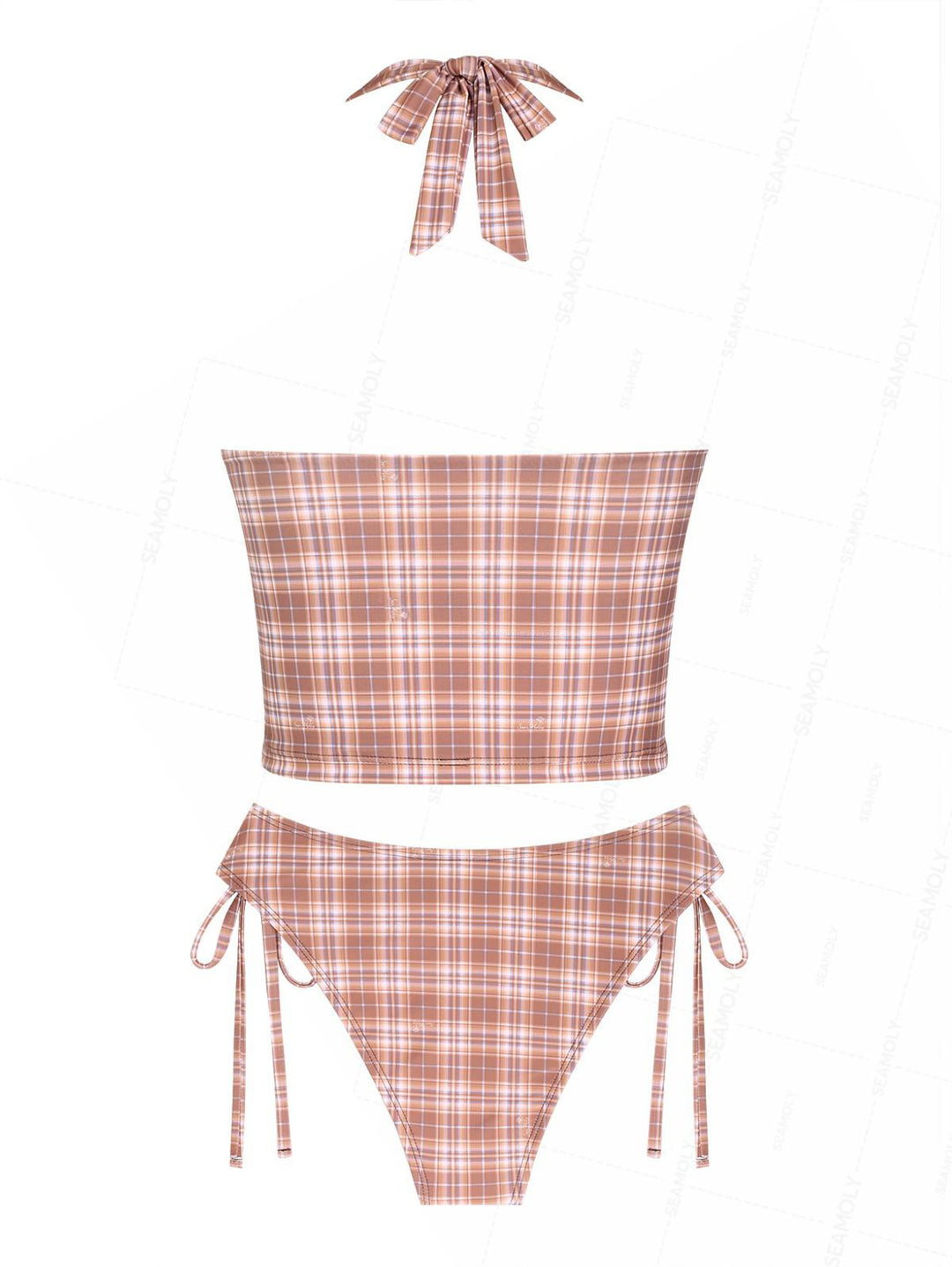 Seamolly Plaid Lace Plunging Neck Halter Tied Side Hipster Tankini Set