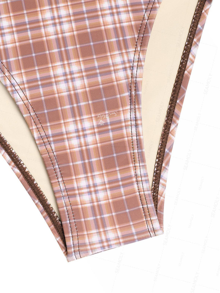 Seamolly Plaid Lace Plunging Neck Halter Tied Side Hipster Tankini Set