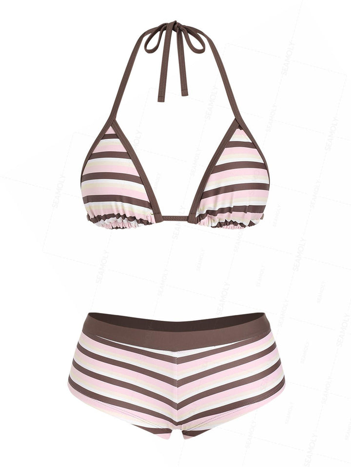 Seamolly Colorblock Striped Halter Triangle Boyshorts Bikini Set