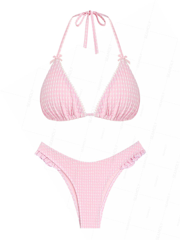 Seamolly Gingham Lace Bowknot Halter Triangle Cheeky Bikini Set