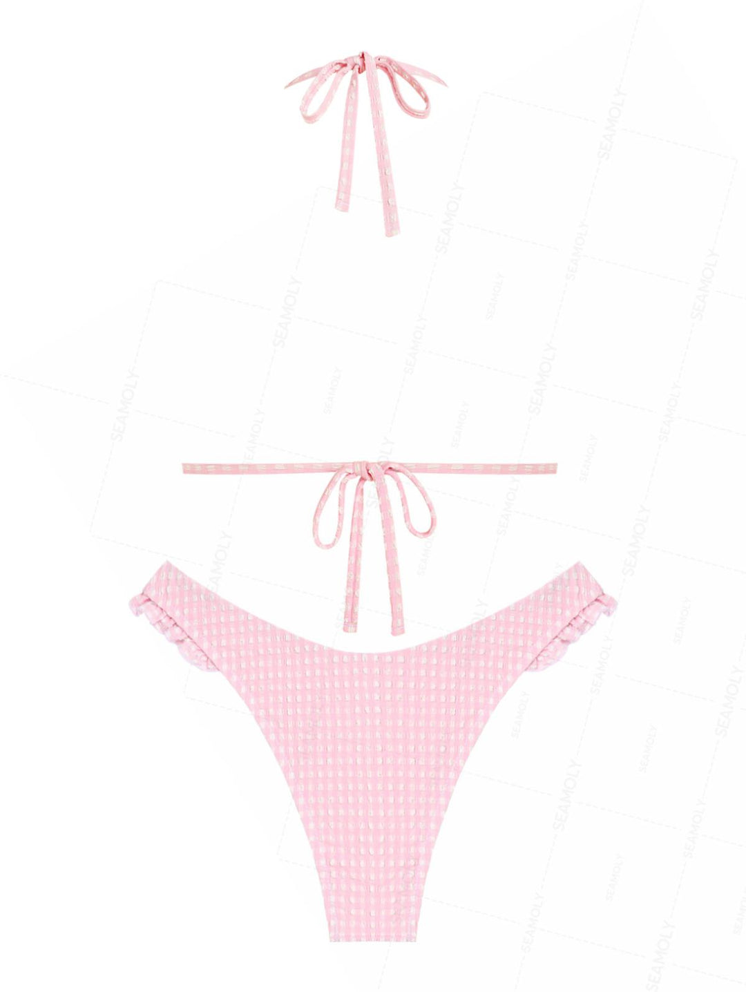 Seamolly Gingham Lace Bowknot Halter Triangle Cheeky Bikini Set