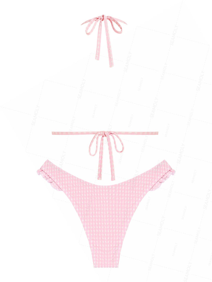 Seamolly Gingham Lace Bowknot Halter Triangle Cheeky Bikini Set