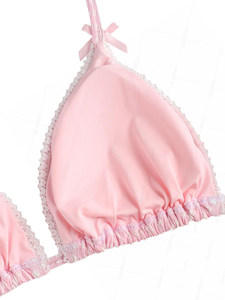 Seamolly Gingham Lace Bowknot Halter Triangle Cheeky Bikini Set