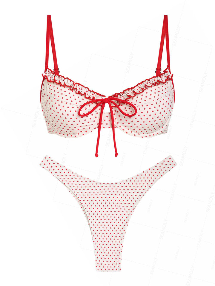 Seamolly Polka Dot Print Frilled Ruffles Bowknot Underwire Bikini Set