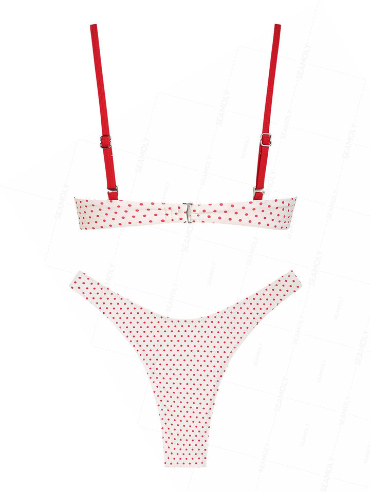 Seamolly Polka Dot Print Frilled Ruffles Bowknot Underwire Bikini Set