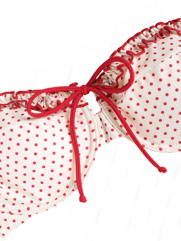 Seamolly Polka Dot Print Frilled Ruffles Bowknot Underwire Bikini Set