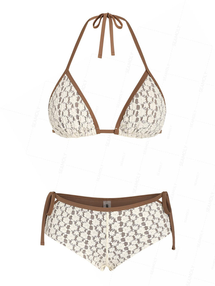 Seamolly Contrast Binding Lace Cutout Tied Side  Boyshorts Bikini Set