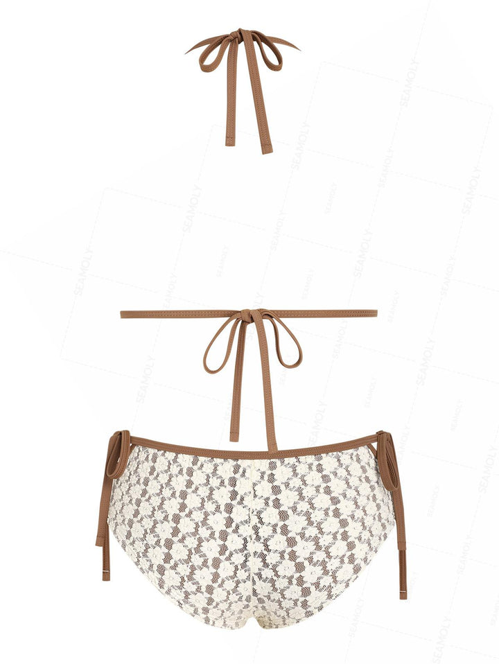 Seamolly Contrast Binding Lace Cutout Tied Side  Boyshorts Bikini Set