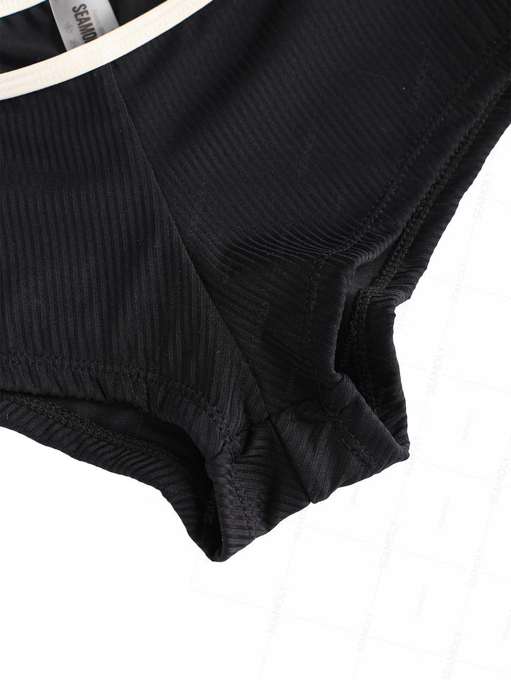 Seamolly Contrast Binding  Cutout Tied Side Boyshorts Bikini Set