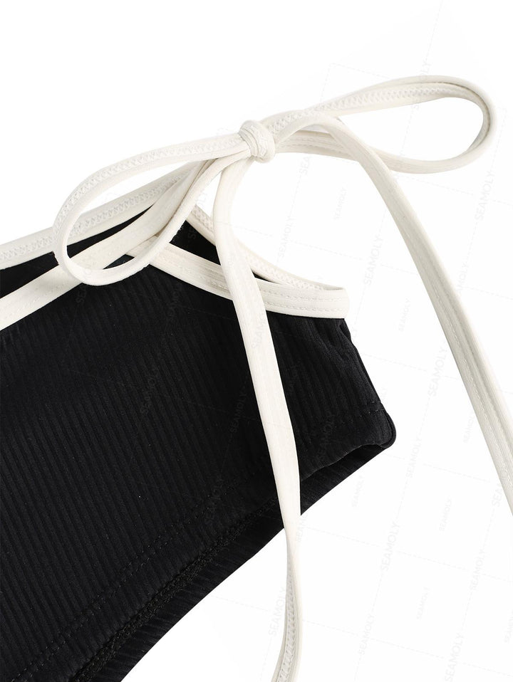 Seamolly Contrast Binding  Cutout Tied Side Boyshorts Bikini Set