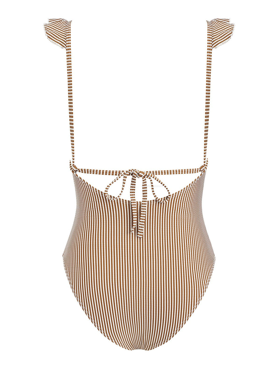 Coffee Striped Ruffles Trim Tied Plunging Neck One-piece Swimsuit