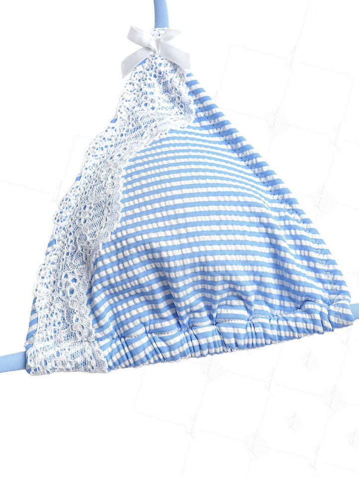 Light Blue Striped Lace Bowknot Halter Triangle Top & Cheeky Brazilian Bottom Bikini Set