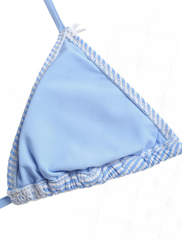 Light Blue Striped Lace Bowknot Halter Triangle Top & Cheeky Brazilian Bottom Bikini Set