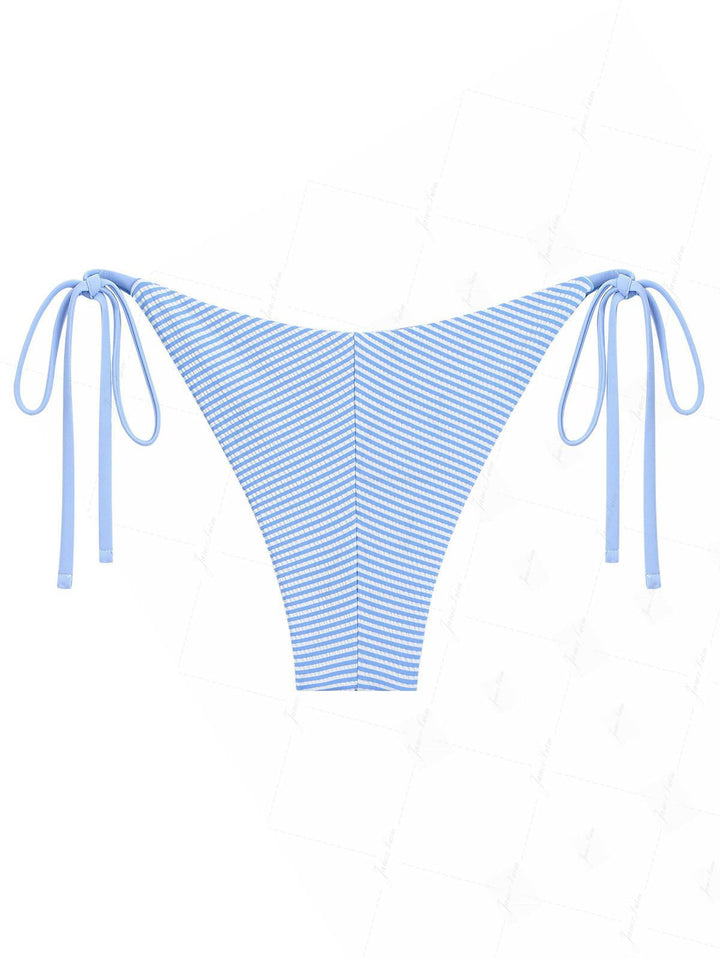 Light Blue Striped Contrast Lace Bowknot Tie Side Brazilian Bikini Bottom