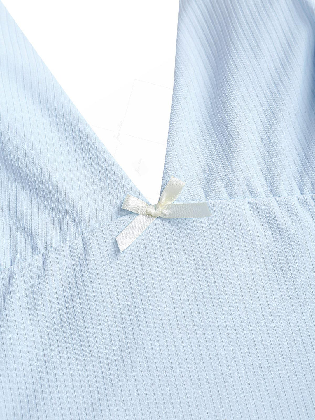 Light Blue Ribbed Knit Bowknot Plunging Neck Halter Tied Tankini Top