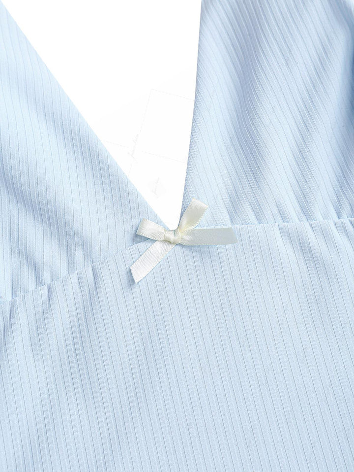 Light Blue Ribbed Knit Bowknot Plunging Neck Halter Tied Tankini Top