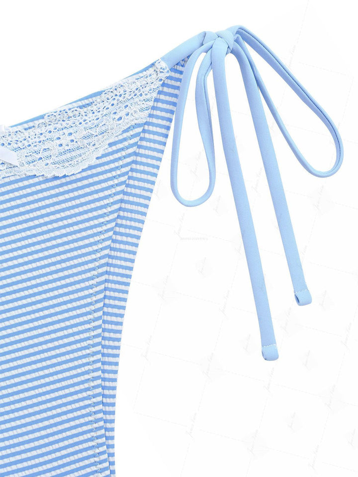 Light Blue Striped Contrast Lace Bowknot Tie Side Brazilian Bikini Bottom