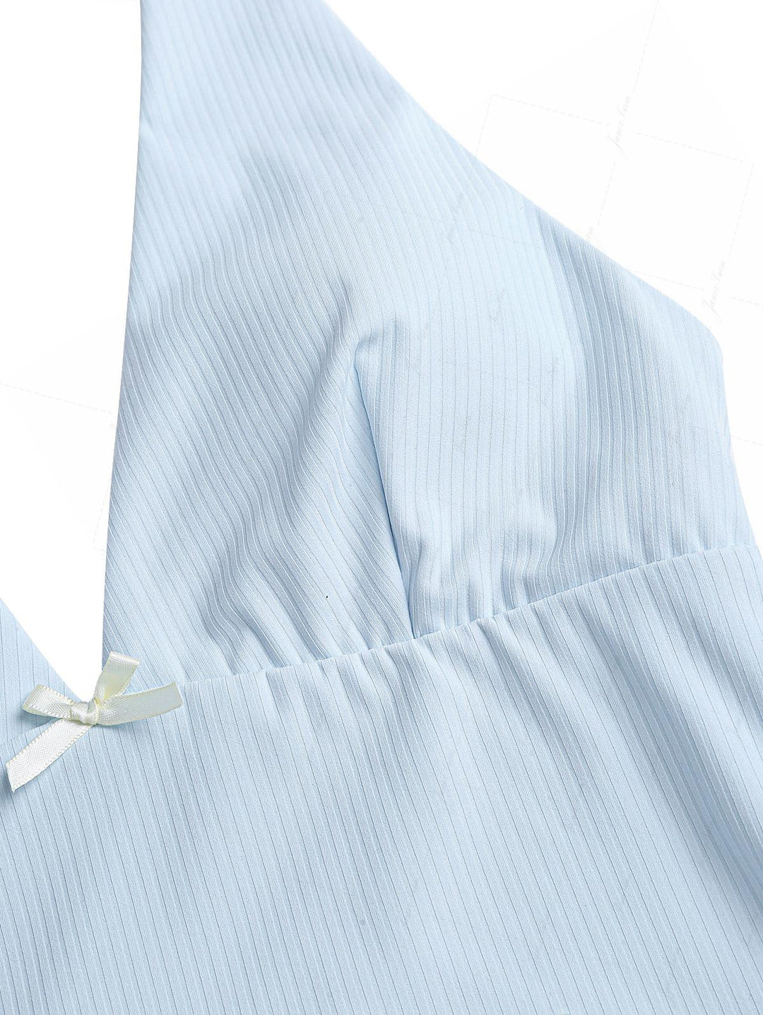 Light Blue Ribbed Knit Bowknot Halter Foldover Cheeky Boyshorts Tankini Set