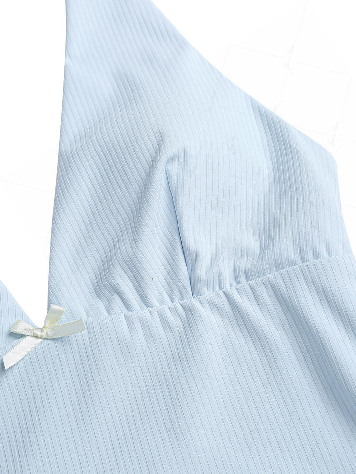 Light Blue Ribbed Knit Bowknot Halter Foldover Cheeky Boyshorts Tankini Set