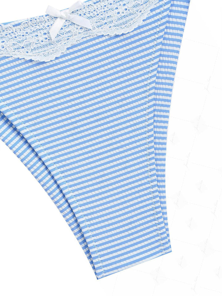 Light Blue Striped Contrast Lace Bowknot Tie Side Brazilian Bikini Bottom