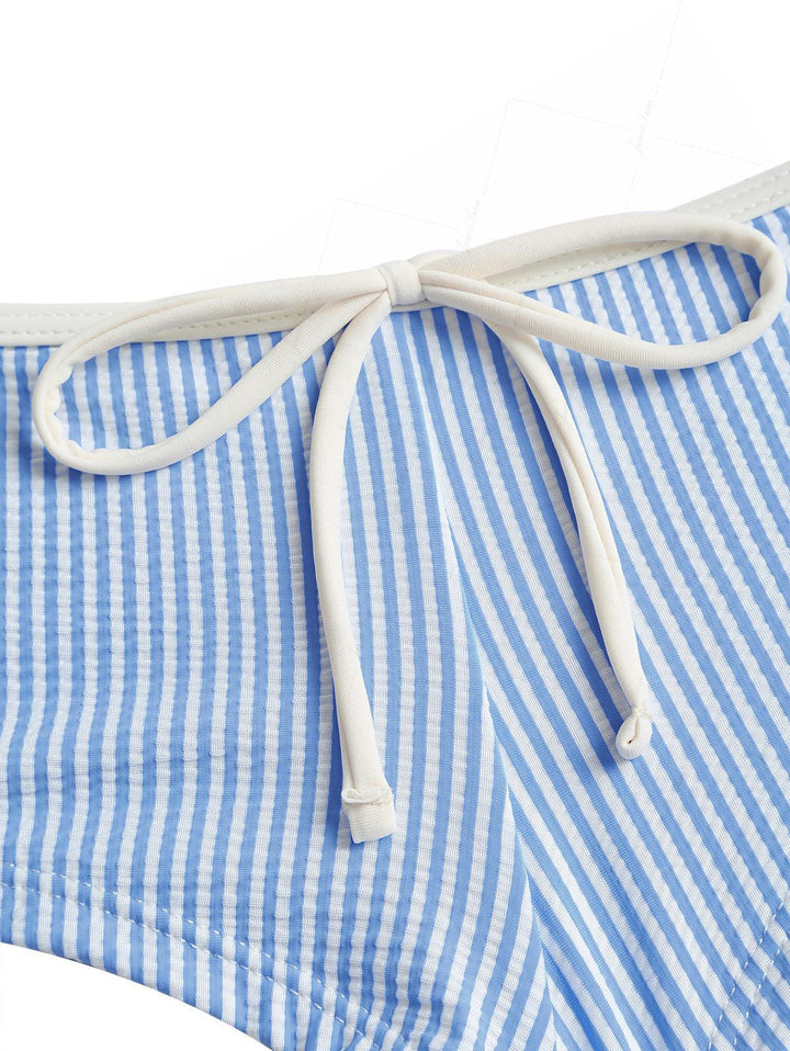 Light Blue Striped Spliced Ruched Ruffles Top & Cheeky Boyshorts Tankini Set