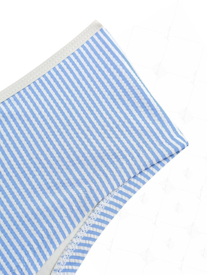 Light Blue Striped Spliced Ruched Ruffles Top & Cheeky Boyshorts Tankini Set