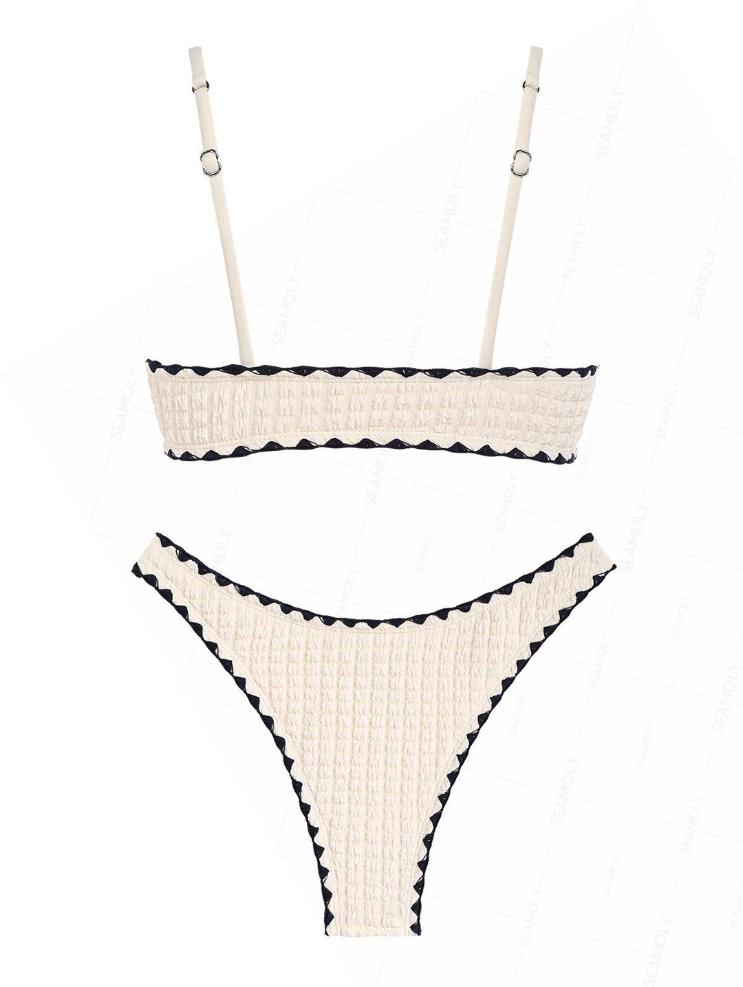 Seamolly Contrast Color Textured Whip Stitching Tied Bikini Set