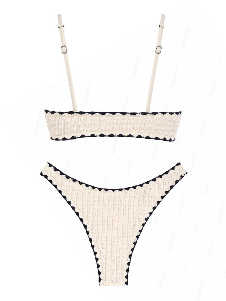 Seamolly Contrast Color Textured Whip Stitching Tied Bikini Set