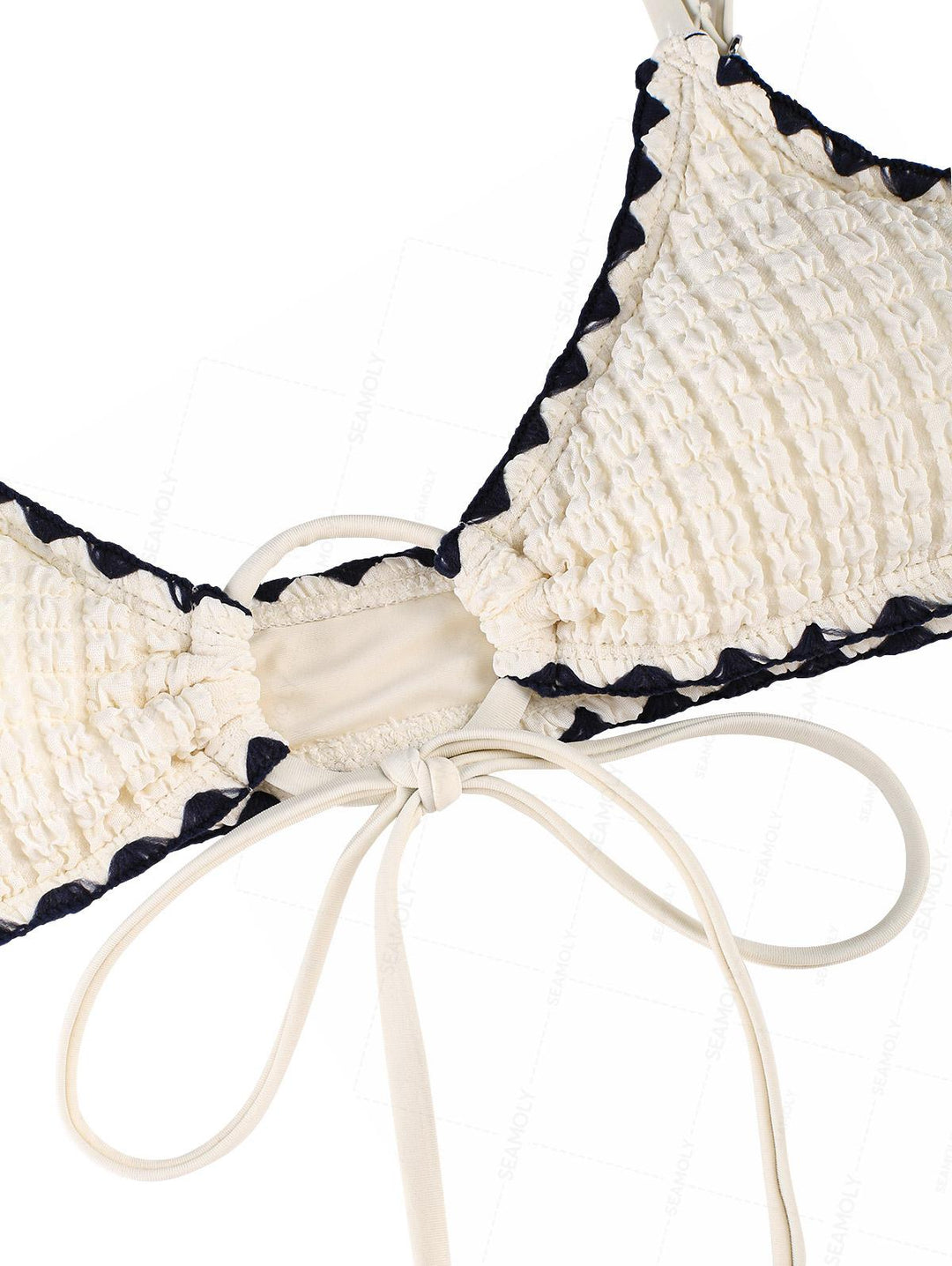 Seamolly Contrast Color Textured Whip Stitching Tied Bikini Set