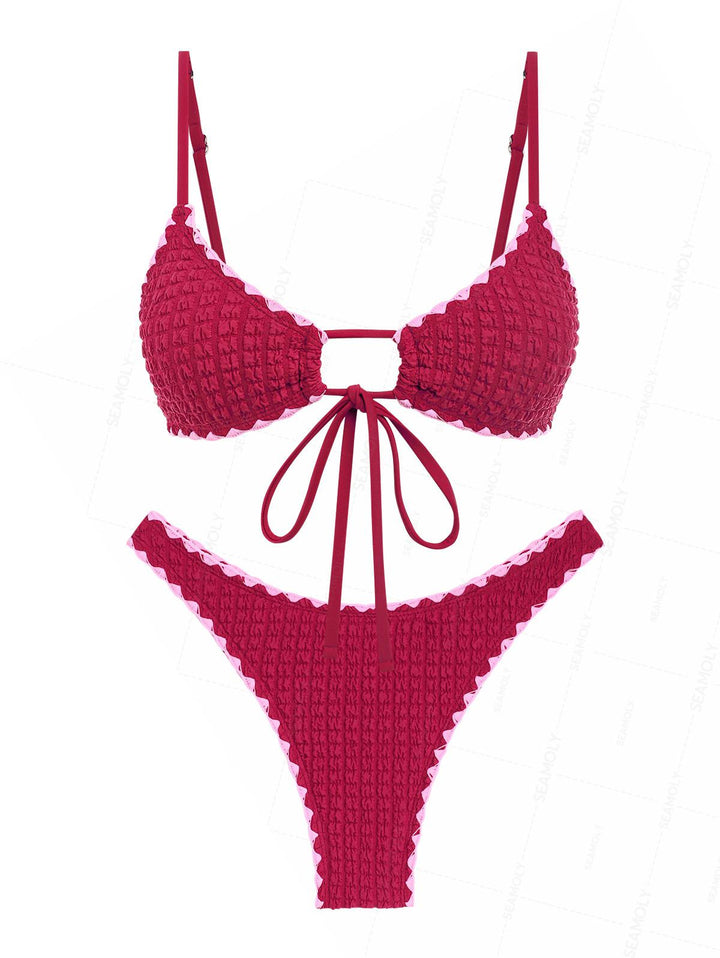 Seamolly Contrast Color Textured Whip Stitching Tied Bikini Set