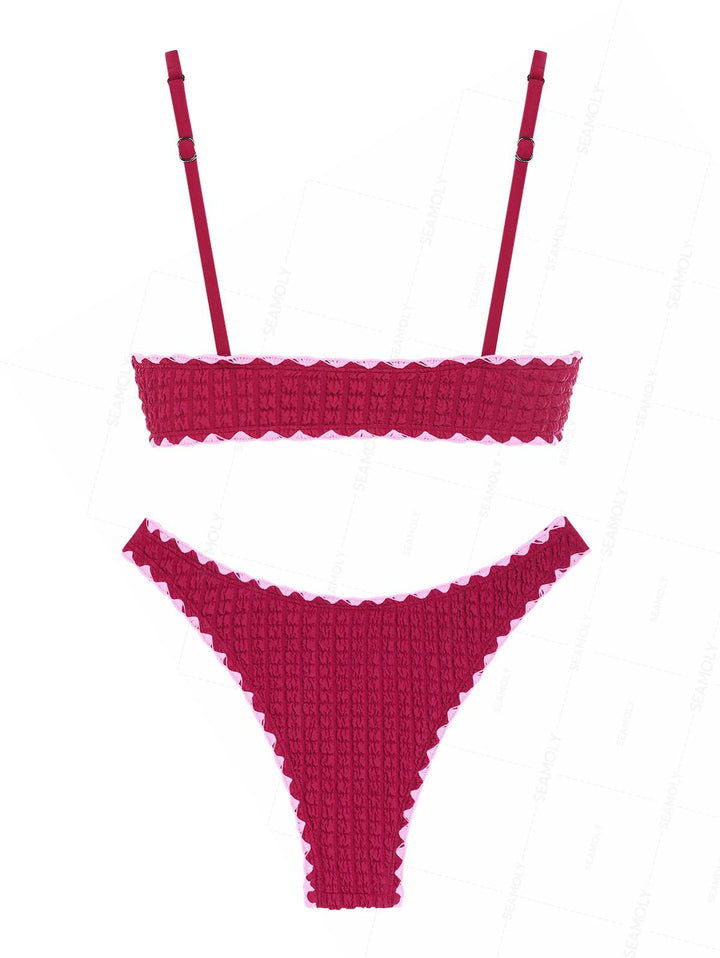 Seamolly Contrast Color Textured Whip Stitching Tied Bikini Set