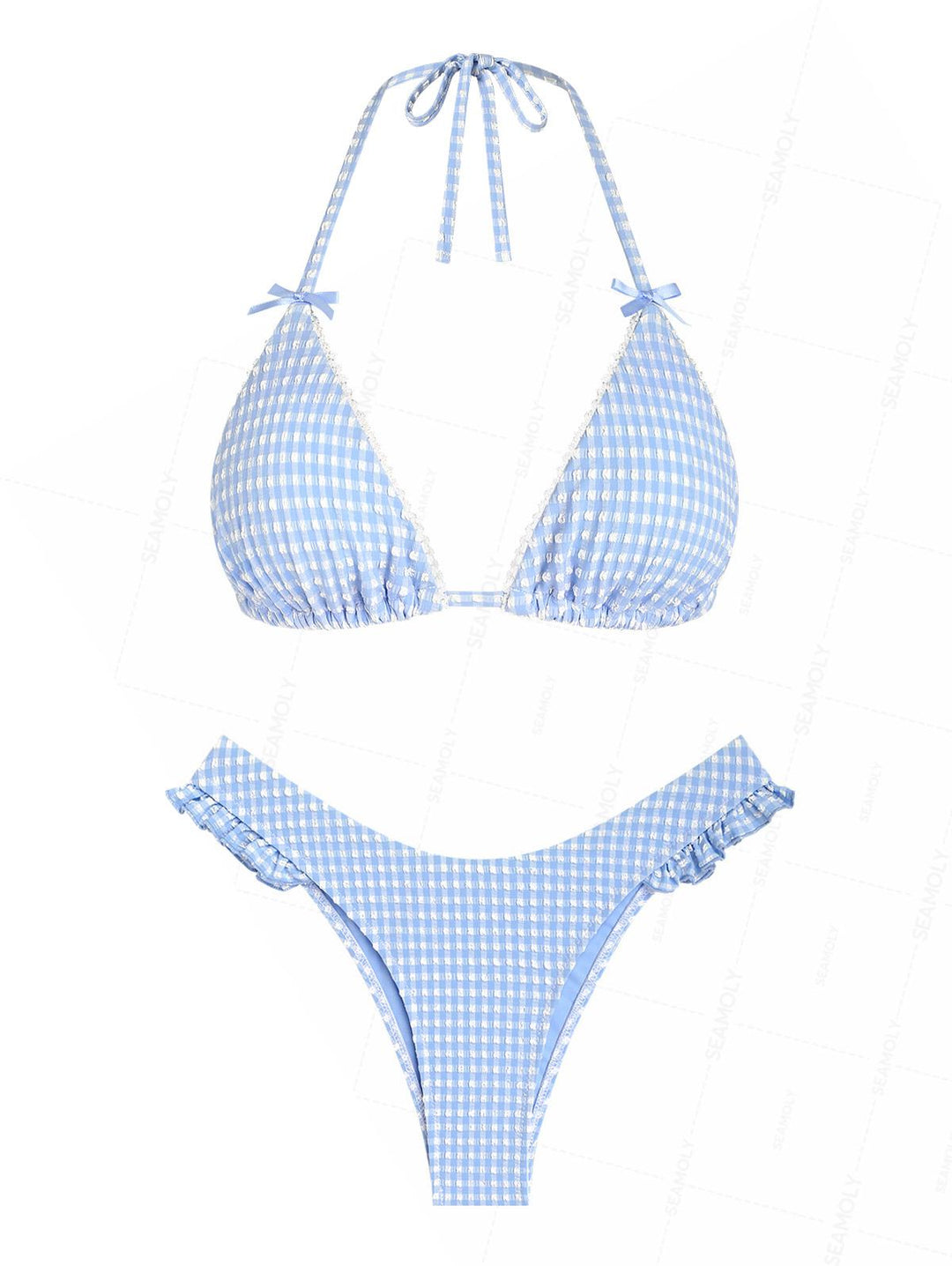 Seamolly Gingham Lace Bowknot Ruffles Trim  Bikini Set